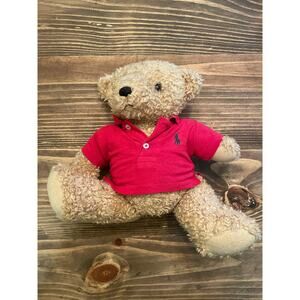 vintage Ralph Lauren Teddy Bear Plush with Red Polo Shirt 14” Stuffed Animal